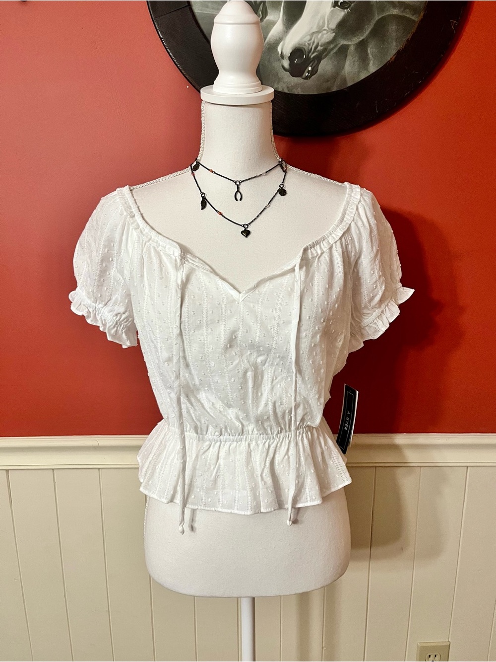 NWT A. Byer White Peplum Women’s Boho Peasant Top Size XS
